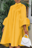 Yellow Casual Solid Flounce O Neck Cake Skirt Dresses