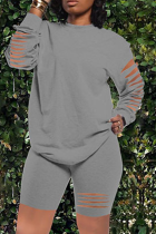Grey Sexy Solid Patchwork O Neck Long Sleeve Two Pieces