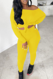 Yellow Sexy Solid Patchwork One Shoulder Long Sleeve Two Pieces