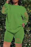 Green Sexy Solid Patchwork O Neck Long Sleeve Two Pieces