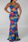 Blue Sexy Print Hollowed Out Spaghetti Strap Trumpet Mermaid Dresses