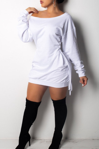 White Sexy Solid Patchwork Draw String Frenulum Fold Off the Shoulder Straight Dresses