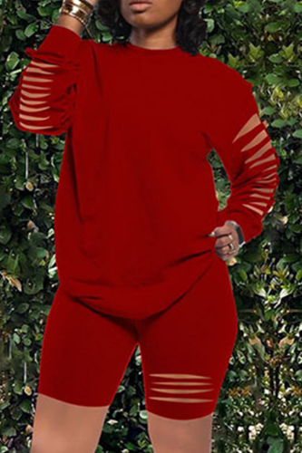 Burgundy Sexy Solid Patchwork O Neck Long Sleeve Two Pieces