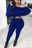 Blue Sexy Solid Patchwork One Shoulder Long Sleeve Two Pieces
