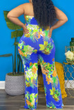 Green Sexy Print Hollowed Out Asymmetrical Strapless Plus Size Jumpsuits