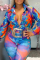 Blue Sexy Print Patchwork Turndown Collar Long Sleeve Two Pieces (Without Belt)