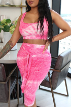 Pink Sexy Print Patchwork Spaghetti Strap Sleeveless Two Pieces