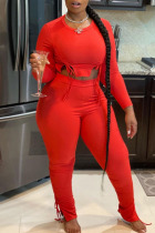 Red Casual Solid Patchwork Draw String Asymmetrical O Neck Long Sleeve Two Pieces