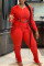 Red Casual Solid Split Joint Draw String Asymmetrical O Neck Long Sleeve Two Pieces
