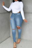 Deep Blue Fashion Casual Solid Ripped High Waist Skinny Jeans