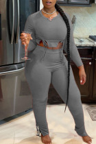 Grey Casual Solid Patchwork Draw String Asymmetrical O Neck Long Sleeve Two Pieces