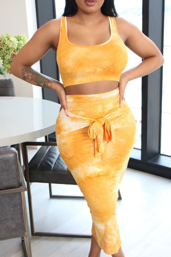 Yellow Sexy Print Patchwork Spaghetti Strap Sleeveless Two Pieces