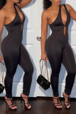 Black Sexy Solid Hollowed Out Patchwork One Shoulder Skinny Jumpsuits