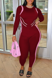 Burgundy Sexy Solid Patchwork O Neck Skinny Jumpsuits