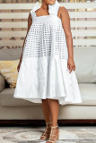 White Sweet Solid Hollowed Out Patchwork Flounce Square Collar A Line Dresses