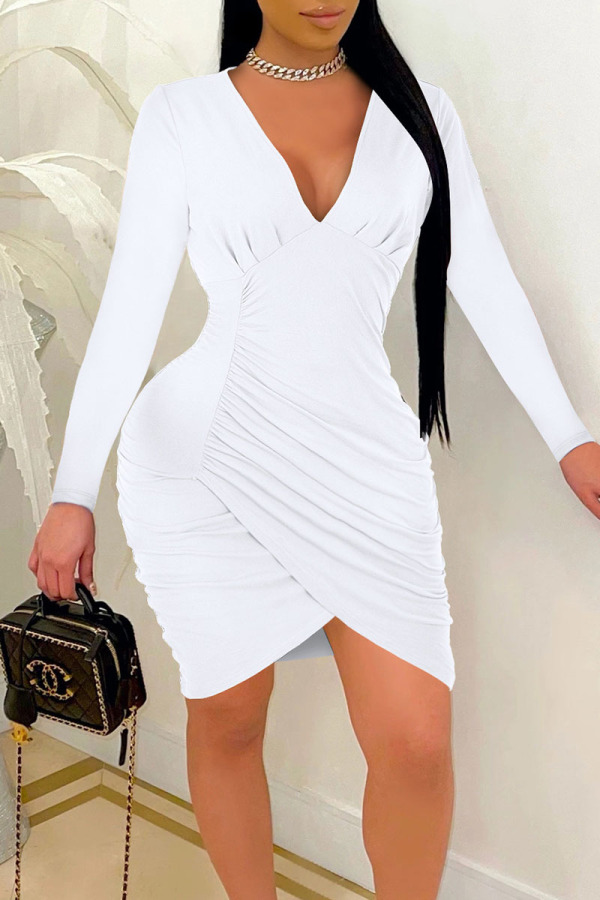 White Sexy Solid Patchwork Fold Asymmetrical V Neck Pencil Skirt Dresses