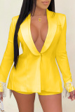 Yellow Fashion Casual Patchwork Tassel Turndown Collar Long Sleeve Two Pieces