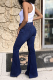 Deep Blue Fashion Casual Solid With Belt Boot Cut Jeans