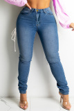 Deep Blue Fashion Casual Bandage Hollowed Out Plus Size Jeans