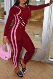 Burgundy Sexy Solid Patchwork O Neck Skinny Jumpsuits