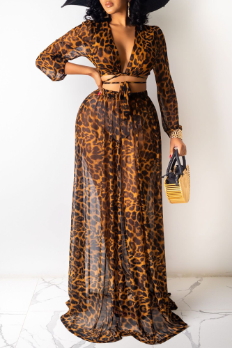 Sexy Street Leopard Patchwork U Neck Long Sleeve Two Pieces