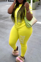 Yellow Fashion Casual Letter Print Basic O Neck Plus Size Two Pieces