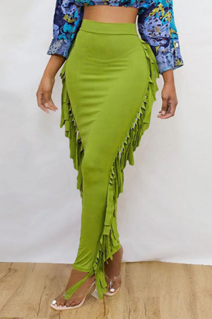 Green Casual Solid Tassel Patchwork Regular High Waist Pencil Solid Color Bottoms