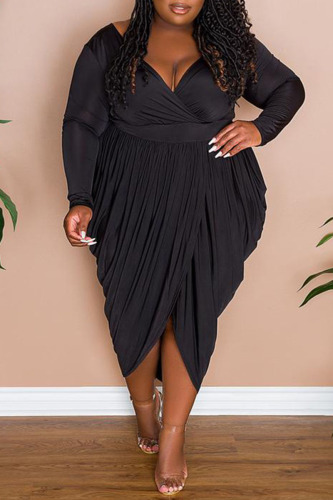 Black Casual Solid Patchwork Asymmetrical V Neck Long Sleeve Plus Size Dresses