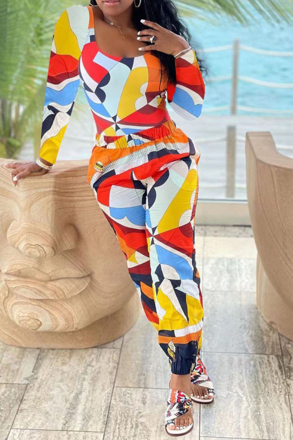 Tangerine Casual Print Patchwork O Neck Long Sleeve Two Pieces