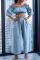 Baby Blue Casual Solid Flounce Off the Shoulder Half Sleeve Two Pieces
