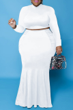 White Casual Solid Patchwork Half A Turtleneck Plus Size Two Pieces