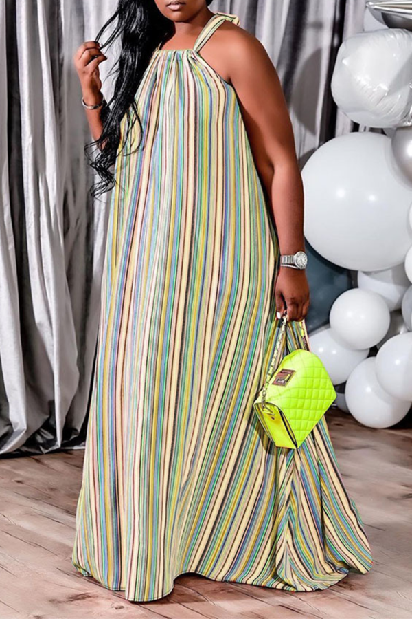 Light Green Casual Striped Split Joint Halter Cake Skirt Plus Size Dresses