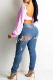 Black Fashion Casual Bandage Hollowed Out Plus Size Jeans