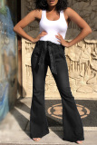 Black Fashion Casual Solid With Belt Boot Cut Jeans