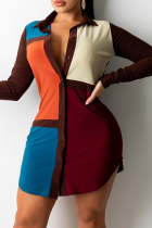 Tangerine Red Casual Color Block Split Joint Turndown Collar Shirt Dress Dresses