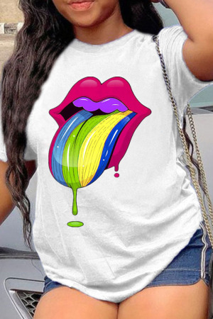 White Casual Print Patchwork O Neck T-Shirts