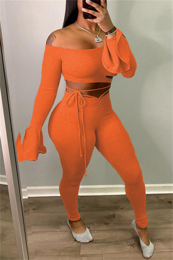 Orange Sexy Casual Solid Bandage Spaghetti Strap Long Sleeve Two Pieces