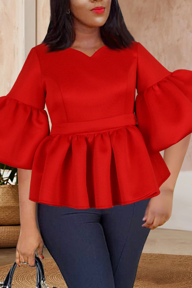Wholesale Red Casual Solid Patchwork Flounce V Neck Tops K29841-2 Online