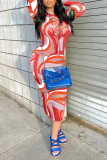Red Sexy Print Hollowed Out O Neck Pencil Skirt Dresses