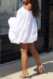 White Casual Solid Patchwork One Shoulder Lantern Skirt Dresses