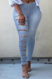 Deep Blue Fashion Casual Solid Ripped Plus Size Jeans