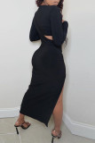 Black Fashion Sexy Solid Hollowed Out Asymmetrical O Neck Long Sleeve Two Pieces