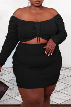 Black Sexy Casual Solid Bandage Backless Off the Shoulder Plus Size Two Pieces