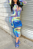 Blue Sexy Print Hollowed Out O Neck Pencil Skirt Dresses