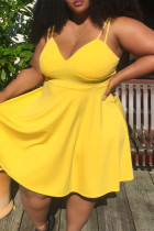 Yellow Fashion Sexy Plus Size Solid Backless V Neck Sling Dress