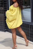 Yellow Casual Solid Patchwork One Shoulder Lantern Skirt Dresses