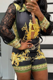 Black Sexy Print Mesh Turndown Collar Long Sleeve Two Pieces