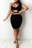 Black Sexy Print Hollowed Out Patchwork Backless Halter Pencil Skirt Dresses