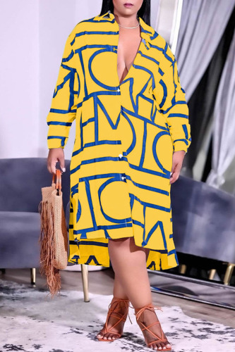 Yellow Casual Print Patchwork Buckle Turndown Collar Shirt Dress Plus Size Dresses