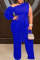 Blue Sexy Solid Patchwork Oblique Collar Plus Size Jumpsuits